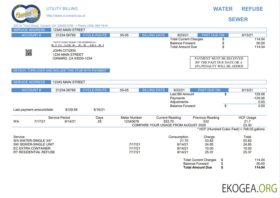 USA California City of Oxnard utility bill template in Word and PDF format